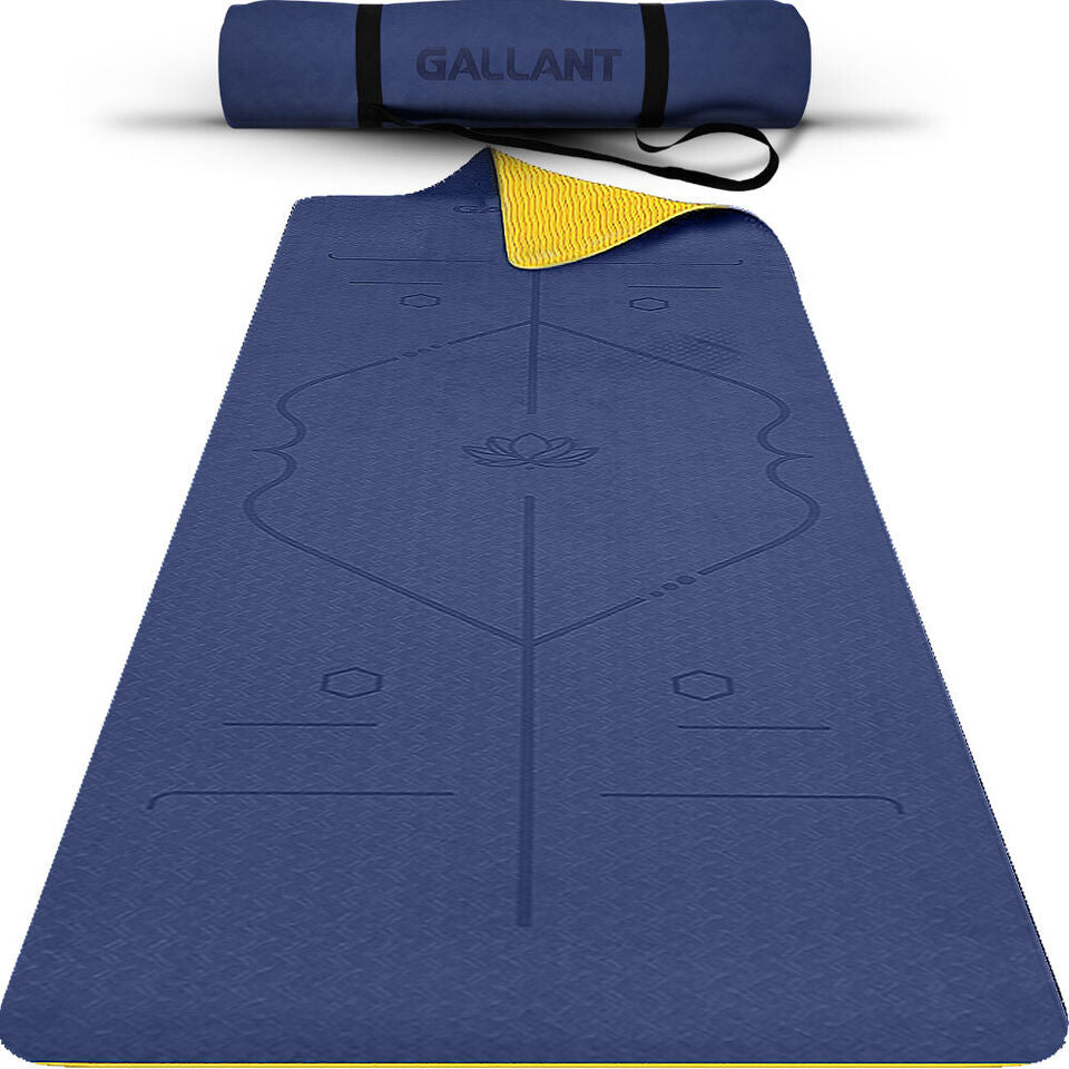 TPE Yoga Mat Non-Slip Alignment Lines Designee with Carry Straps Main IMG Blue & Yellow.