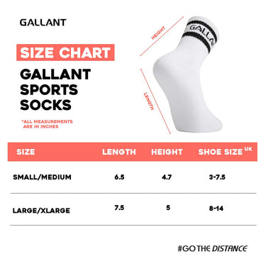 Gallant Sports Socks - 3 Pack White, Product size chart details.